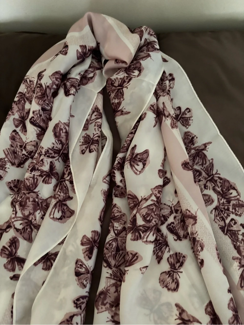 100% Silk Cream Wrap Scarf with Mauve Butterfly Print - Picture 7 of 9